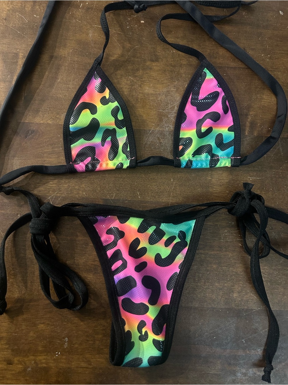 NWOT Sexy Skimpy Handmade Micro Tri-Top Legal Thong Bottom Leopard Print Bikini
